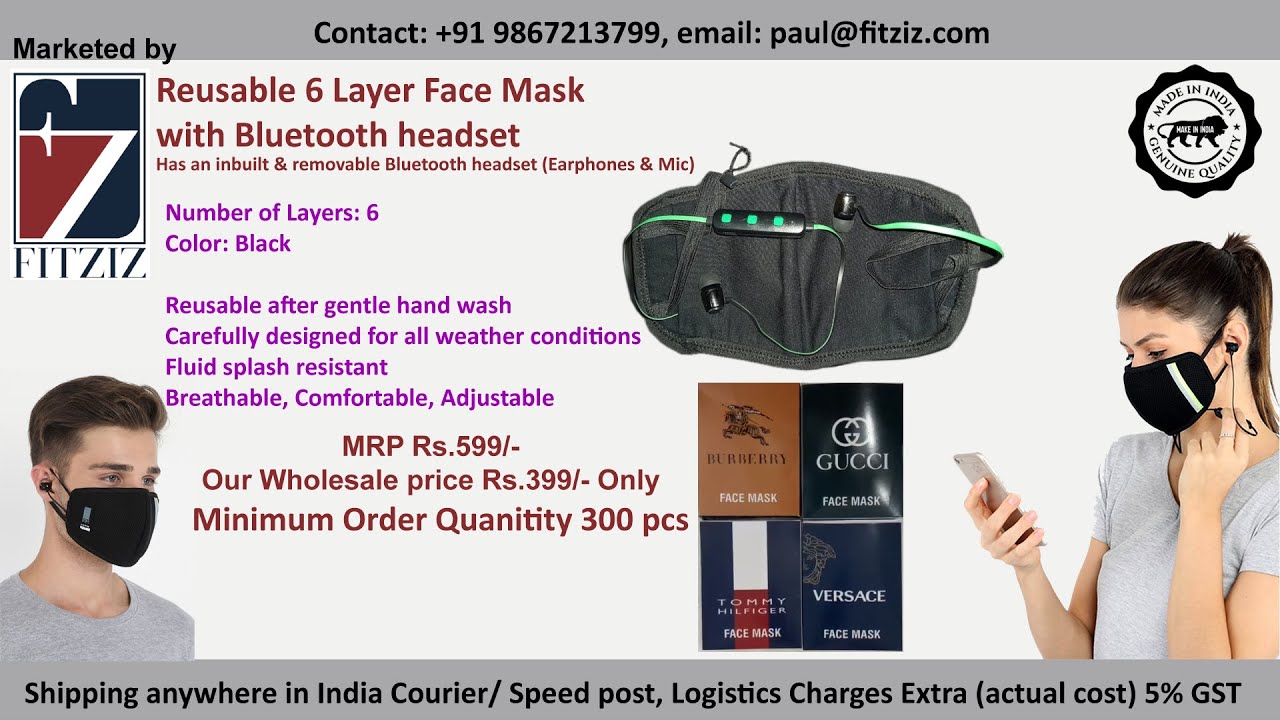 Reusable 6 Layer Face Mask with Bluetooth headset