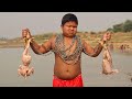 Fishing video || The little boy is fishing in the river using meat || Amazing hook fishing