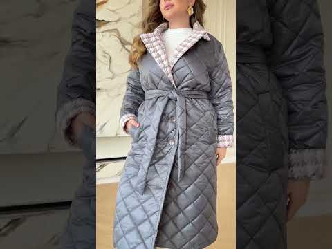 Оригінальне красиве сіре пальто на синтепоні, великих розмірів від 46 до 68, видео 1