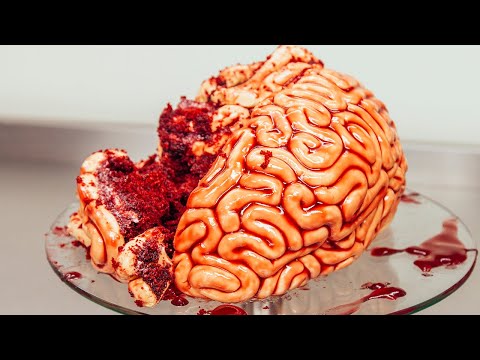 Comment faire un gâteau au cerveau! Gâteau velours rouge, fondant et confiture de framboises!