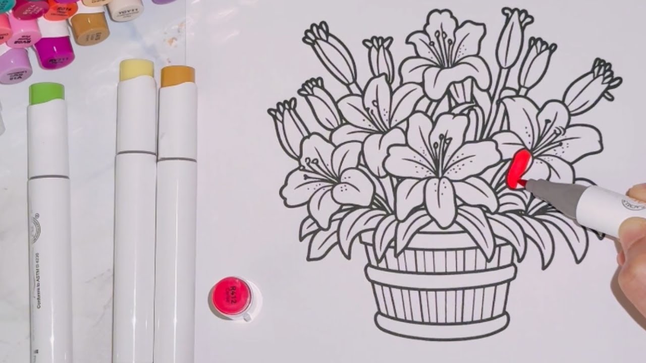 ASMR Color With Me |Beautiful Flowerpot |No Talking |Ohuhu Alcohol Markers 