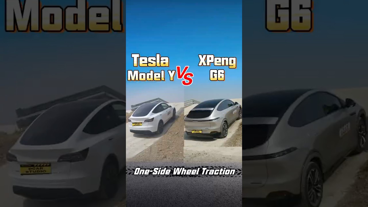 Tesla Model Y VS XPeng G6 One-Side Wheel Traction #tesla  #offroad  #suv