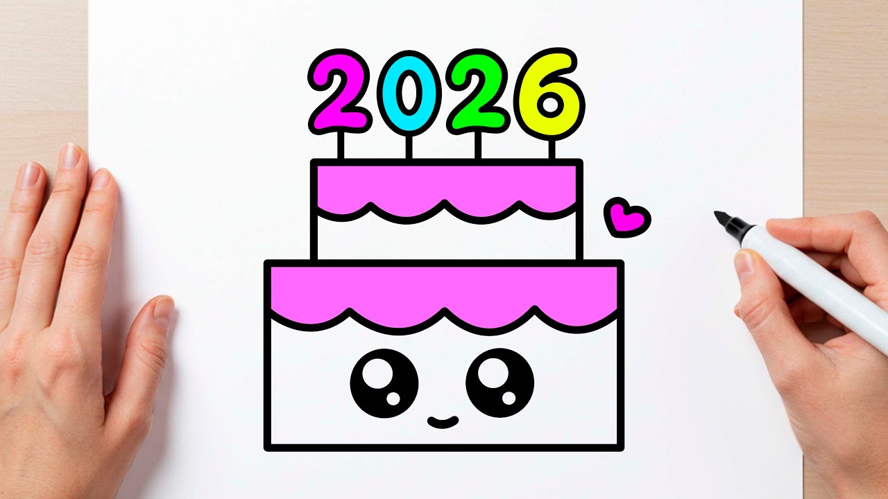 Как нарисовать торт 2026 года — простой рисунок | Милый рисунок