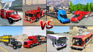 GTA V Truck Vs Tesla sami Truck Vs Bus Vs Fire Truck BeamNG Vs GTA 5