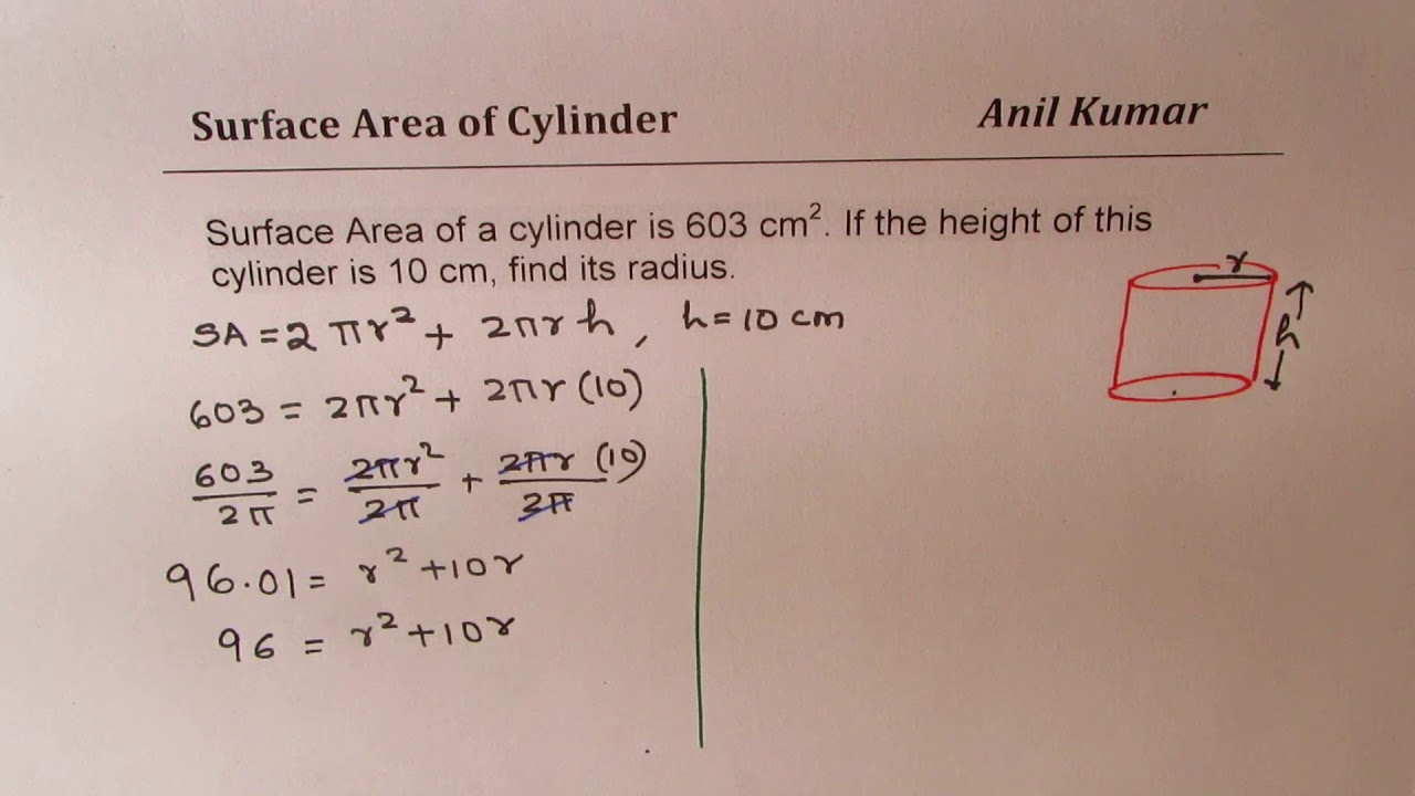 Find Radius of a Cylinder of given surface area and height Grade 8 - YouTube