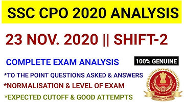 SSC CPO EXAM ANALYSIS 2020 (23rd November, Shift-2) | SSC CPO SI Analysis & Asked Questions