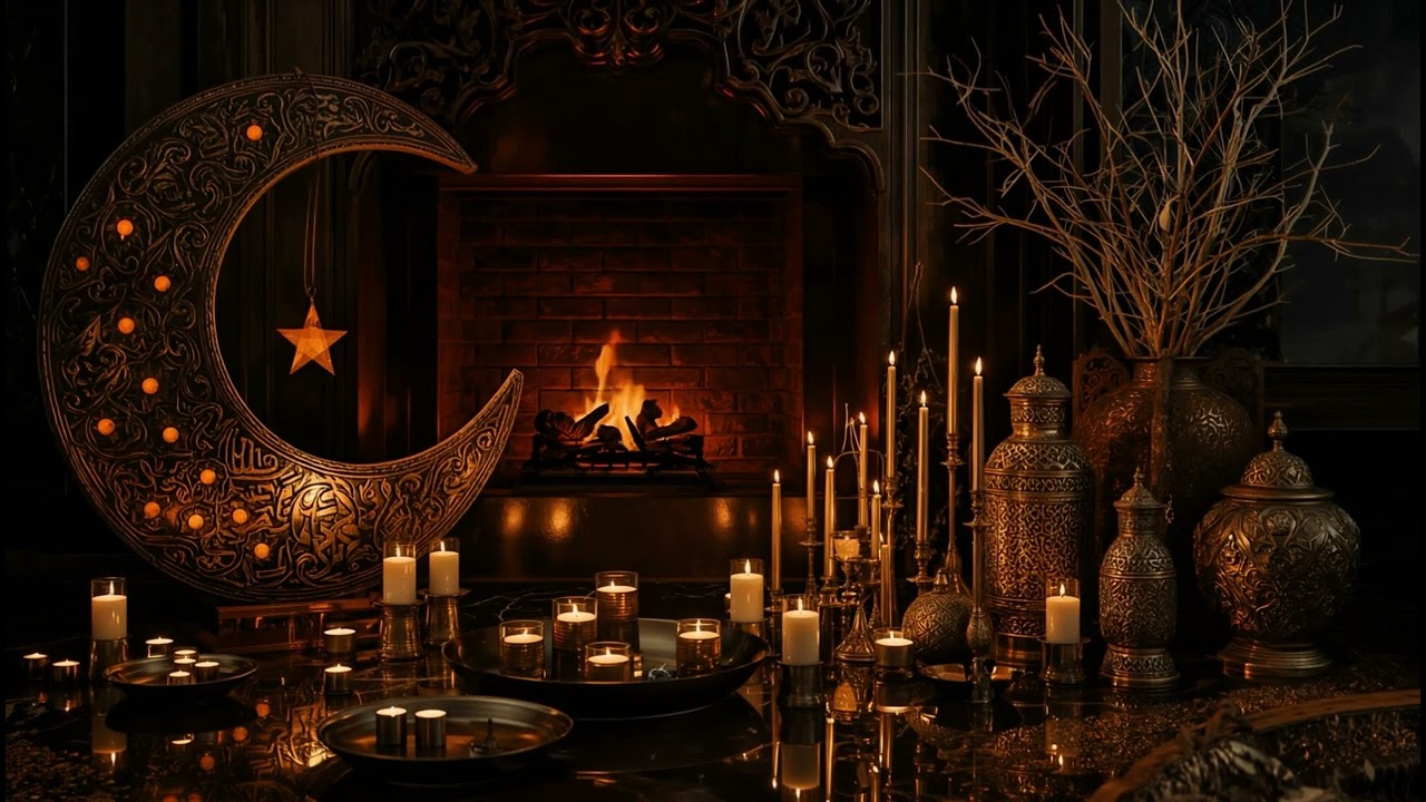 Ramadan Screensaver TV Art 2026 | خلفية رمضان كريم | Ottoman Gold Crescent Fireplace Vintage HD