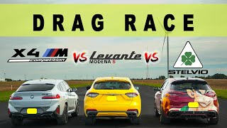BMW X4M Competition vs Maserati Levante Modena S vs Alfa Romeo Stelvio Quadrifoglio, Drag Roll Race