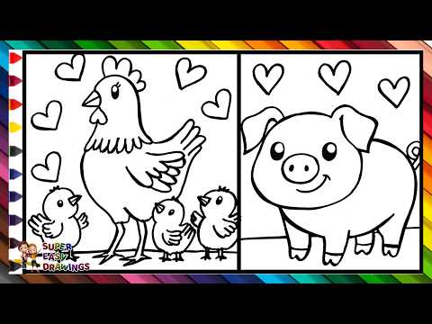 Draw and Color a Hen with Her 3 Chicks and a Pig 🐥🐔🐤🐥🐷🌈 Drawings for Kids