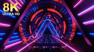 8K Futuristic Neon Light Tunnel in Cyberpunk Style with Glowing Blue and Purple Archways VJ Loop