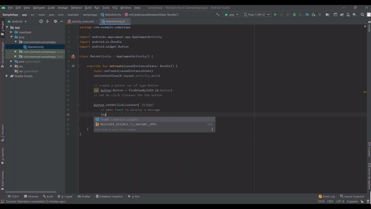 Display message on button clicked using Toast in Kotlin | Android ...