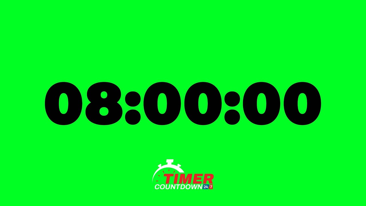 8 Hour Green Screen Timer | Black Text Countdown with Alarm - YouTube