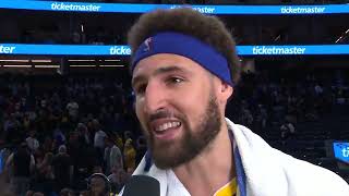 'GAME 6 KLAY!' 🤣 Jordan Poole crashes Klay Thompson's postgame to chant