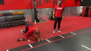 Dumbbell: Stationary Bear Crawl Hold, Drag with Push-Up