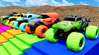 Monster Trucks On A Colorful Slide And Tow Trucks For Transporting Monster Trucks - BeamNG.drive #90 screenshot 1
