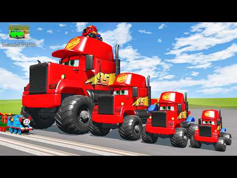 4 MONSTER TRUCKS vs Big & Small Long Mack Truck with Bulldozer vs Train Thomas - BeamNG.Drive