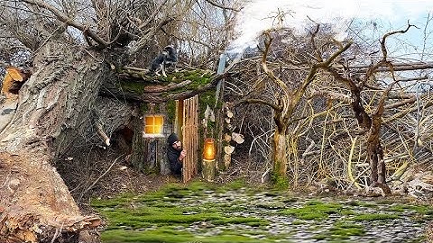Constructing a Secret Shelter Beside a Giant Fallen Tree | Fairytale Hut with a Warm Oven 🔥🌲