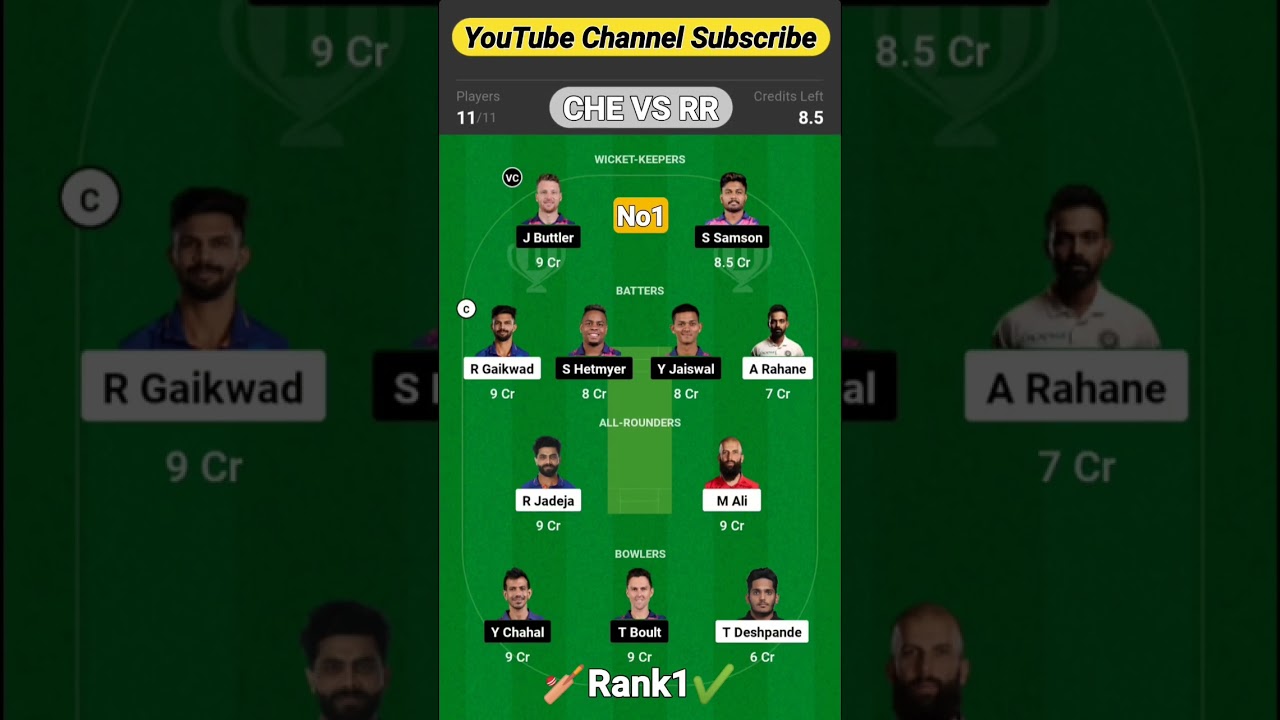 😱 CHE VS RR DREAM11 TEAM