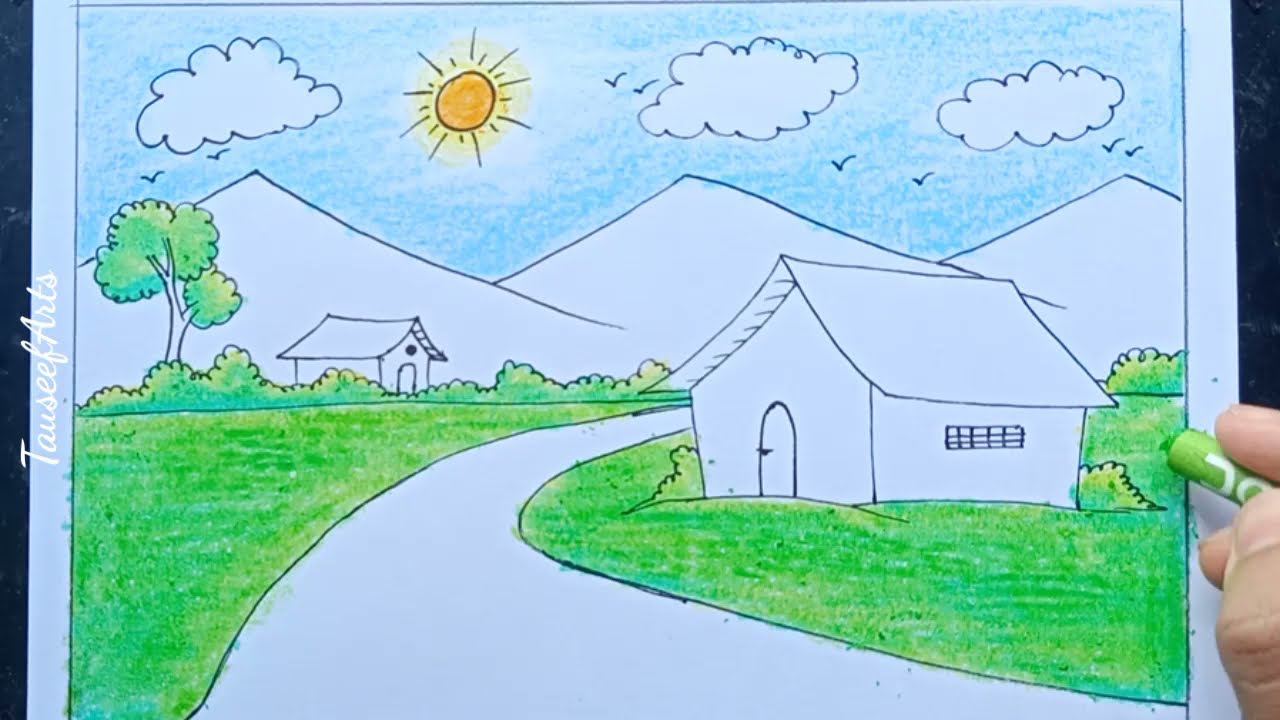 Scenery Drawing | Easy village scenery drawing for beginners - YouTube