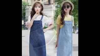Korean Fashion Women's Bib Overalls Denim Skirts Knee Length Midi Split Jeans Skirts screenshot 3