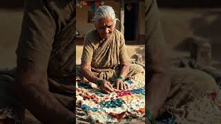 An old aged village man reuses old clothes to make a quilt.. Salutations to her.