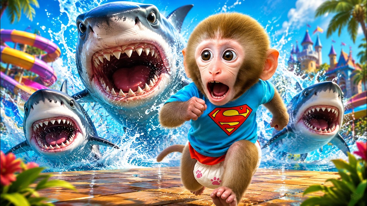 Baby Monkey vs Giant Sharks at the Water Park! 🦈💦| Nursery Rhymes & Kids Songs |Bobby Kids Songs