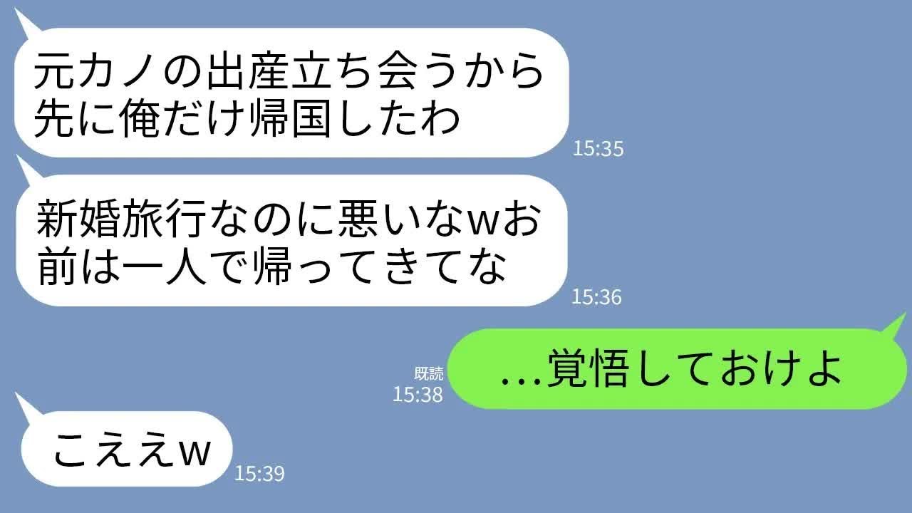 【LINE】新婚旅行中に元カノの出産に立ち会うために勝手に帰国した夫「心細いらしいから先帰るwお前は一人で帰れ」→ブチギレた私がクズ夫を地獄に追い込んだ結果www