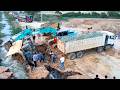 Try Risky Recovery! Overland Hyundai Sink Land Hole Canal​ Used Talented Skill Excavator Recovery