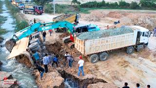Try Risky Recovery! Overland Hyundai Sink Land Hole Canal​ Used Talented Skill Excavator Recovery