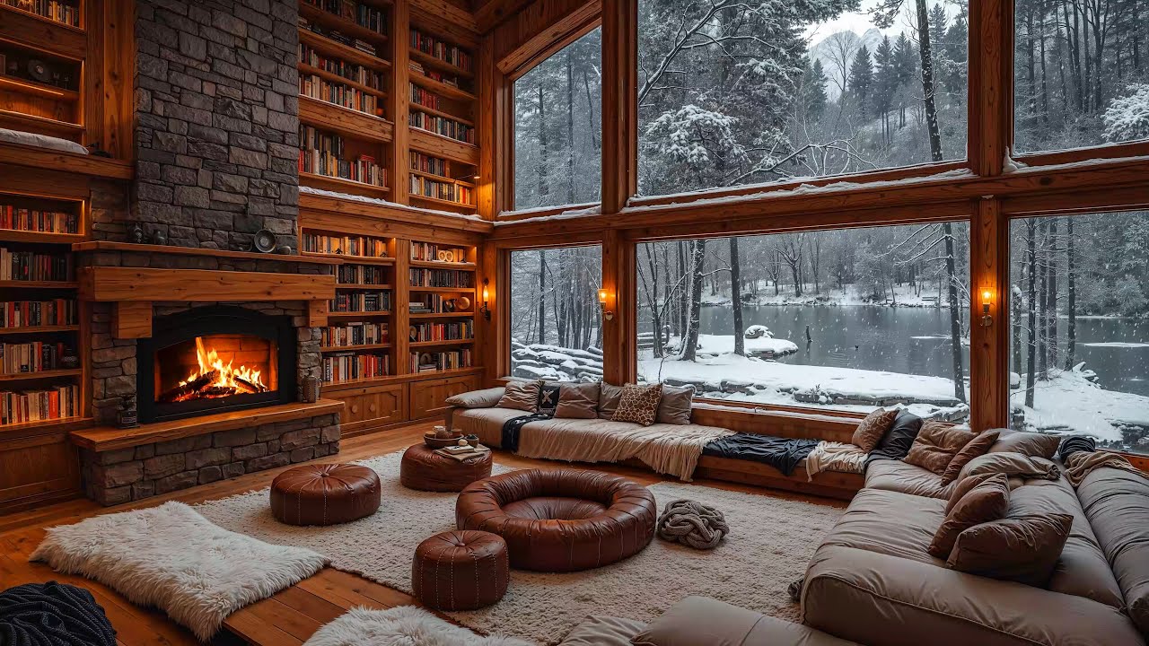 Peaceful Snowfall Day at Cozy Forest Cabin Ambience ️ Jazz Relaxing ...