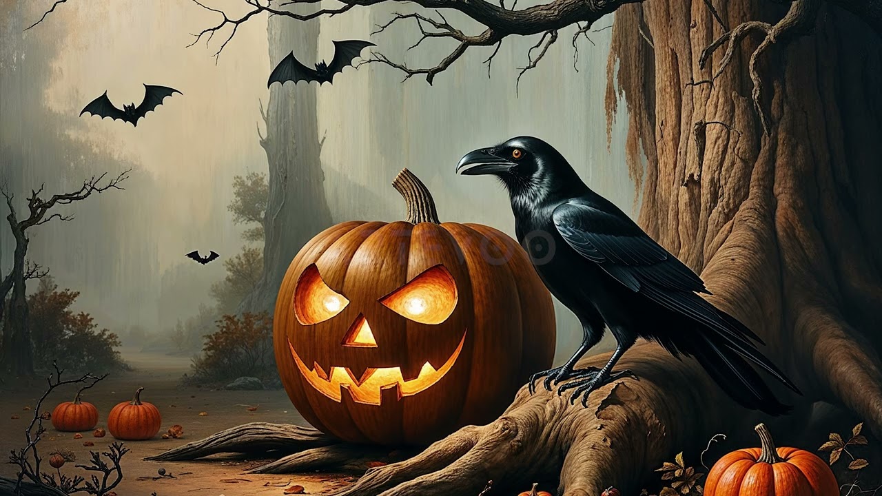 Raven Crow & Pumpkin Art Screensaver 🍁 Moody Fall Crow Decor for Frame TV & Halloween Wall