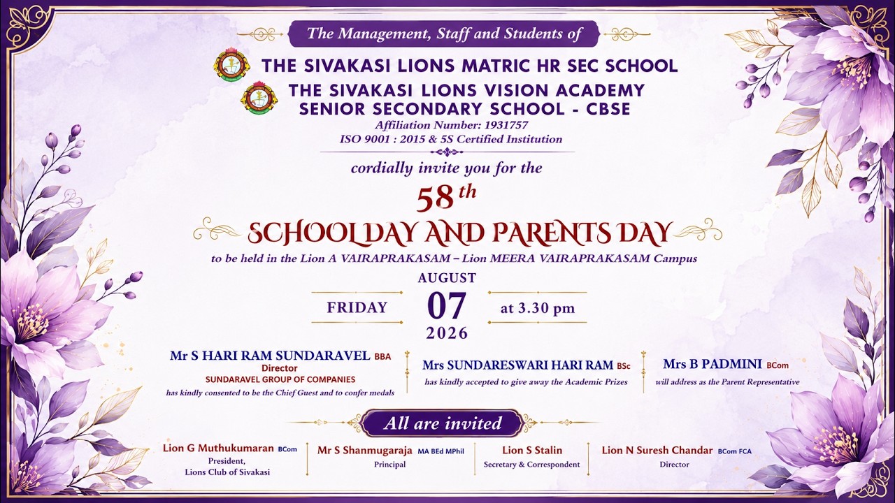 58th SCHOOL DAY & PARENTS DAY CELEBRATIONS 2026 | THE SIVAKASI LIONS SCHOOLS