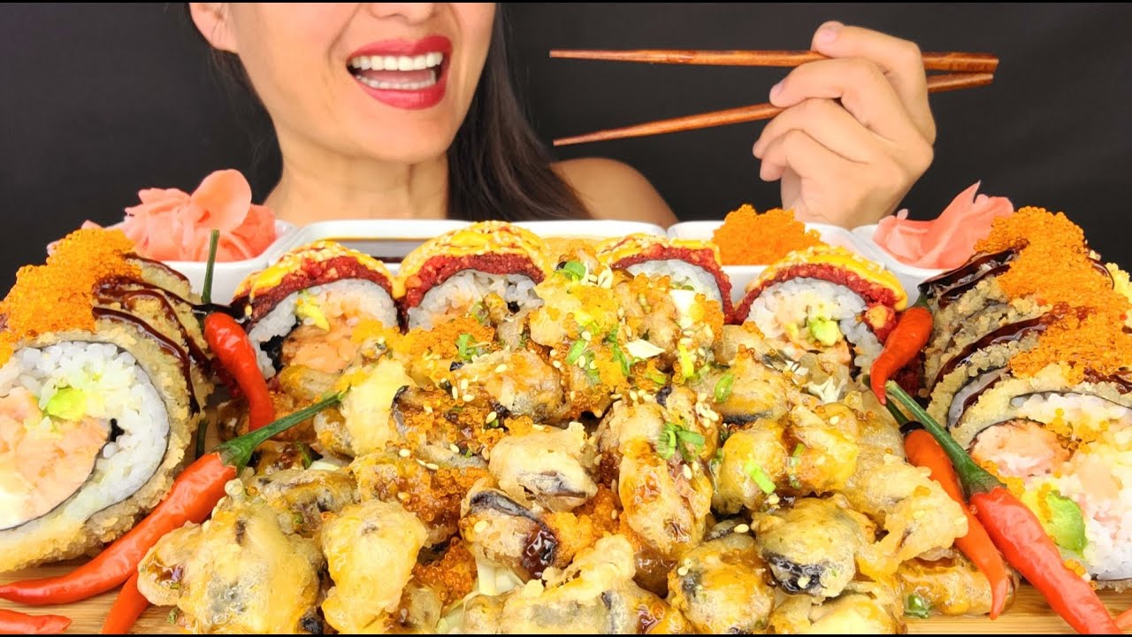 FRIED SUSHI & FRIED MUSSELS ASMR MUKBANG MESSY EATING NOISES BIG BITES NO TALKING SEAFOOD CRUNCHY
