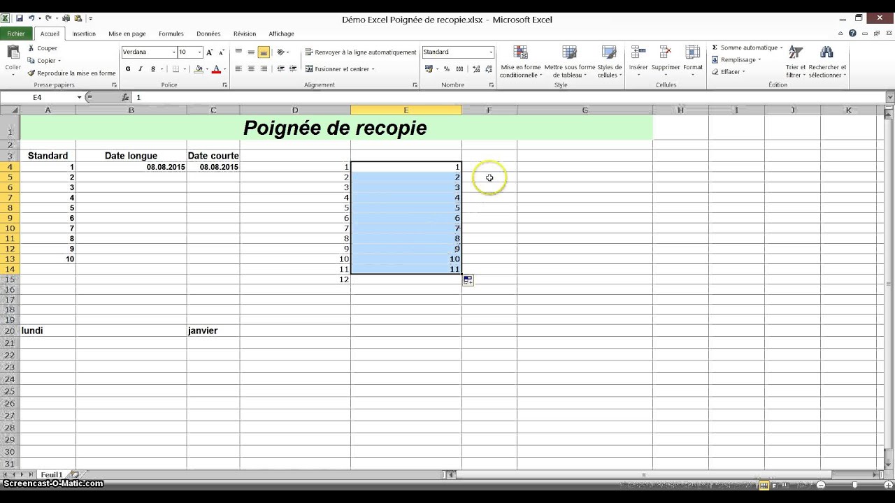 Tutoriel Excel Poignée de recopie - YouTube