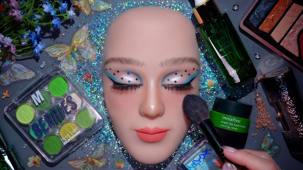 ASMR Easy Cool Mint Fairy Dust Makeup Tutorial 🌿 Satisfying ASMR Makeup No Talking #75