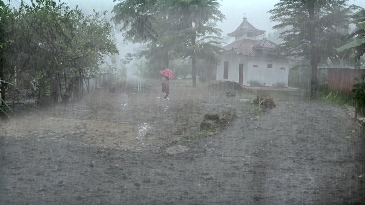 Heavy Rain and Thunder Walk Through Dark Rural Village Night Ambience for Sleep ASMR 4K Video 226