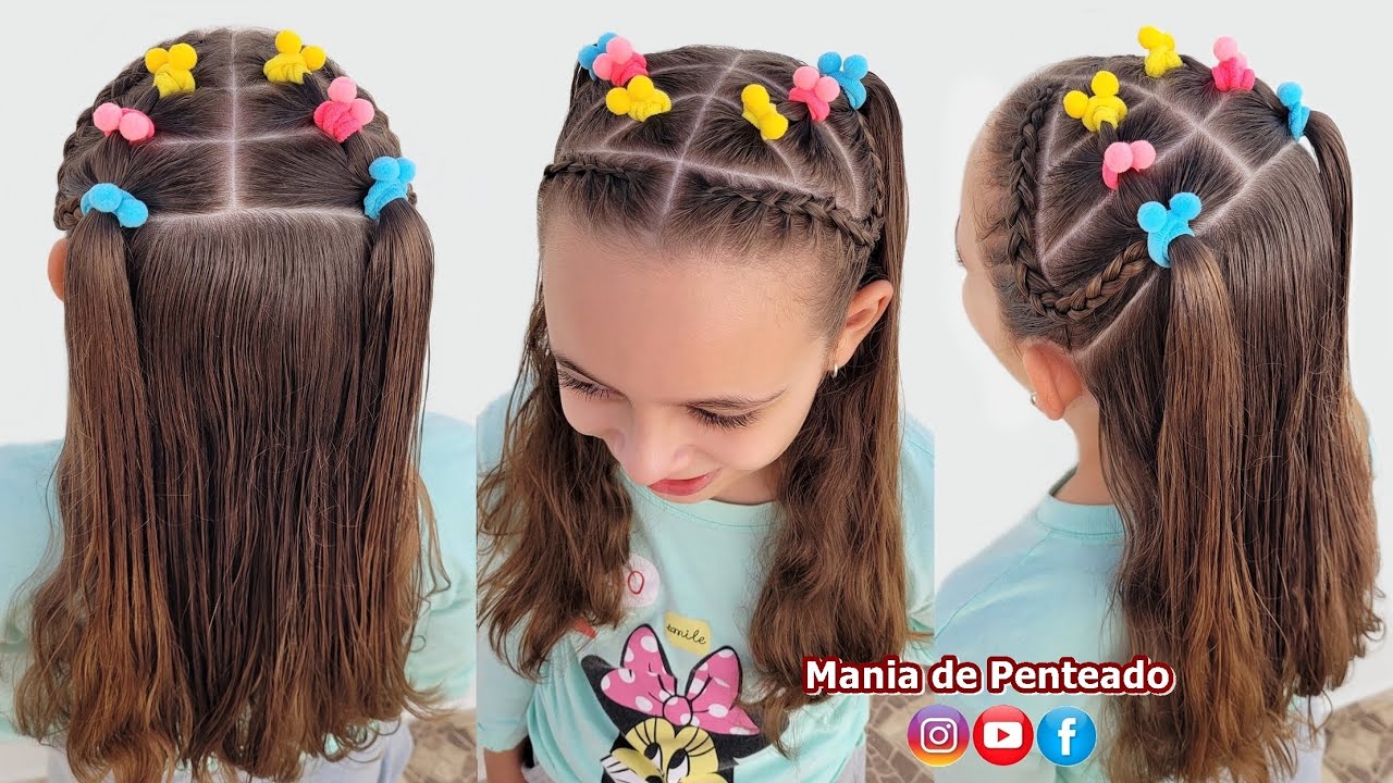 Penteado Infantil com Tranças e Elásticos Pom Pom | Hairstyle for Girls  Braids and Pom Pom Elastics🥰 | Goiânia Fashion