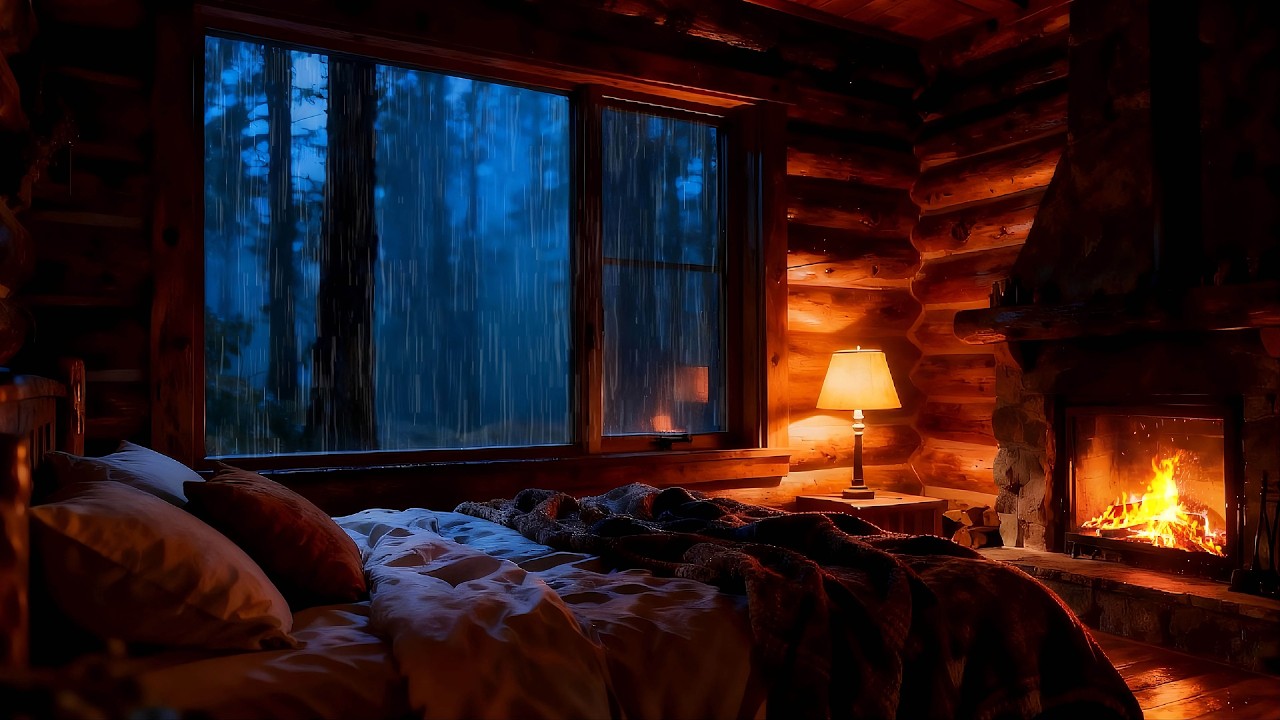 Soft Rain in Cozy Cabin Bedroom 🌙 Fireplace Ambience for Deep Sleep (No Thunder)