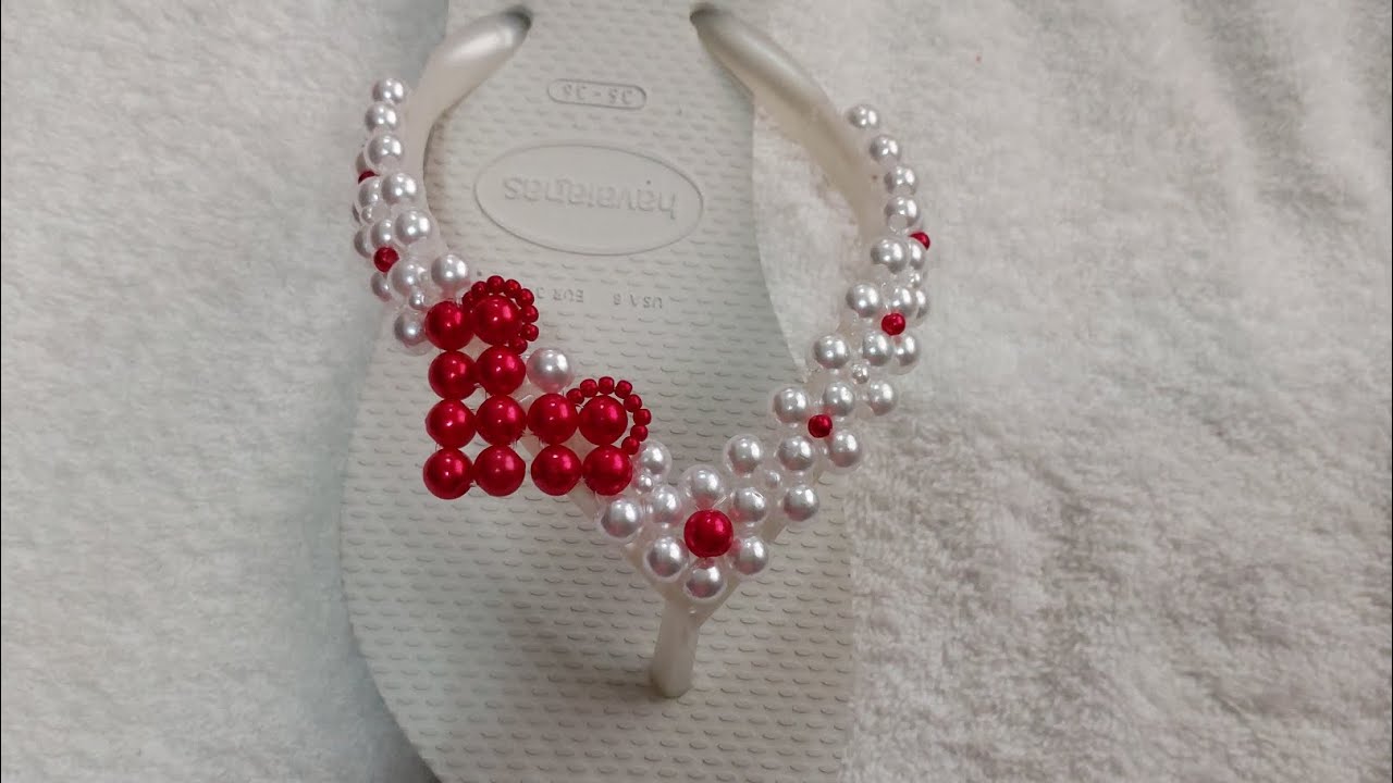 Como fazer um chinelo bordado simples e delicado trama coração de pérolas ❤️