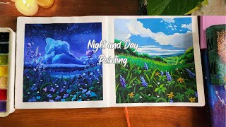 ☘️Day & Night🌟 Landscape Scenery | Jelly Gouache Painting| Relaxing Sketchbook Session Paint with me