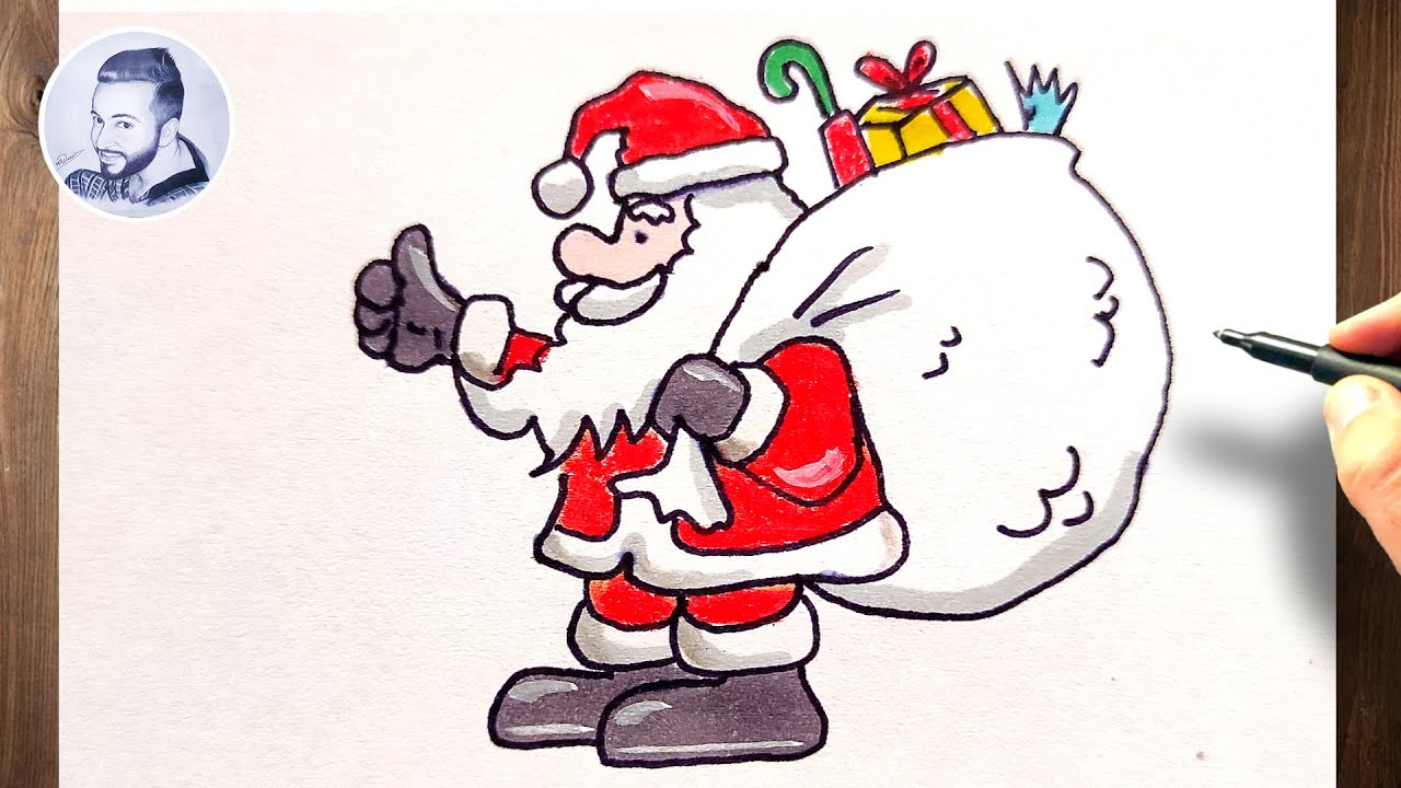 Comment dessiner un pere noel avec sa hotte facile - YouTube