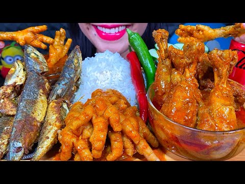 ASMR SPICY CHICKEN CURRY FISH FRY CHICKEN FEET CURRY CHILI RICE MUKBANG MASSIVE Eating Sounds