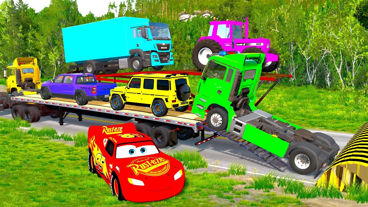 Flatbed Truck McQueen | Transportation with Truck - Pothole vs Car #21 | BeamNG.Drive Gameplay
