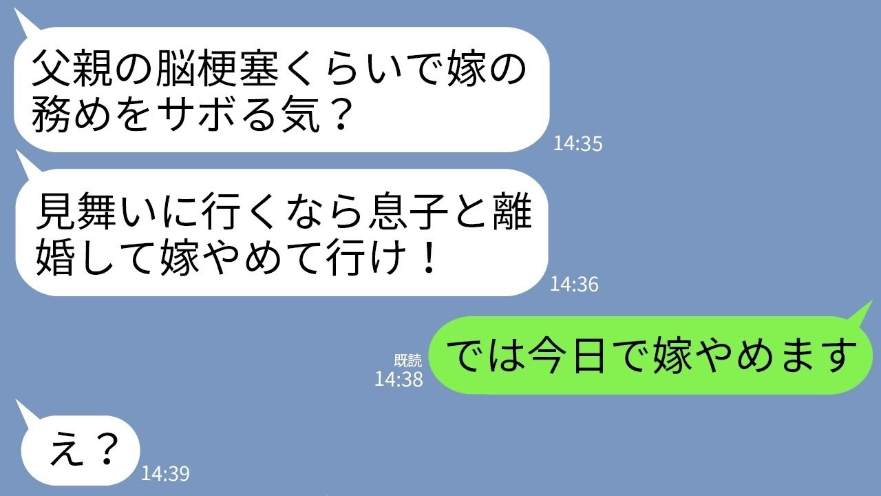 【LINE】脳梗塞で倒れた父に見舞いに行こうとする私に同居中の義母「夕飯作るのサボる気？」夫「嫁の務めはたせ！」→その日限りで嫁をやめて永遠に消えた結果www