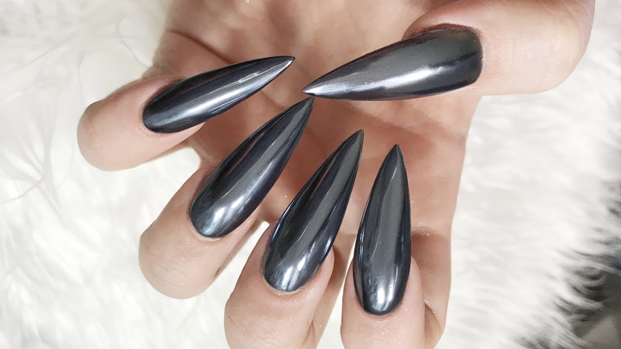 GUNMETAL CHROME STILETTO ACRYLIC NAILS YouTube