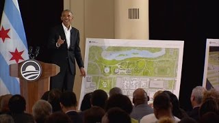 Obama cracks joke at presidential library event