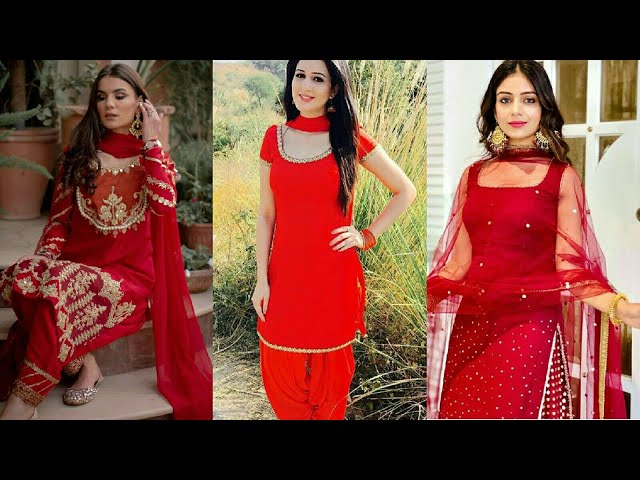 Red Mirror Work Punjabi Patiala Salwar Suit - Hijab Online