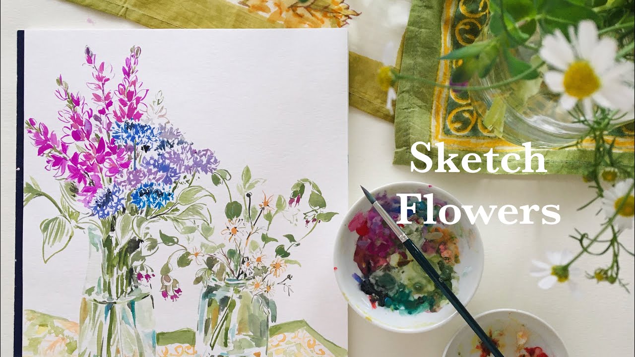 Sketch spring flowers with watercolor, gouache, and thin brushes