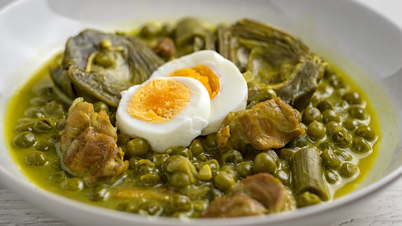 GUISANTES CON ALCACHOFAS y pollo  con TRUCO para que no se oxiden