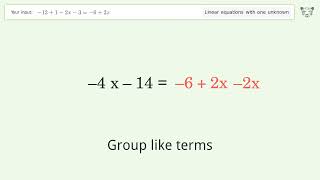 Linear equation with one unknown: Solve -12+1-2x-3=-6+2x step-by-step solution